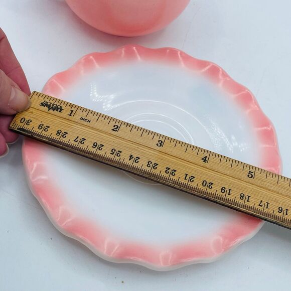 2 Vintage Hazel Atlas Ruffled Saucers Pink Ripple Crinoline Cups Milk Glass - Picture 3 of 12